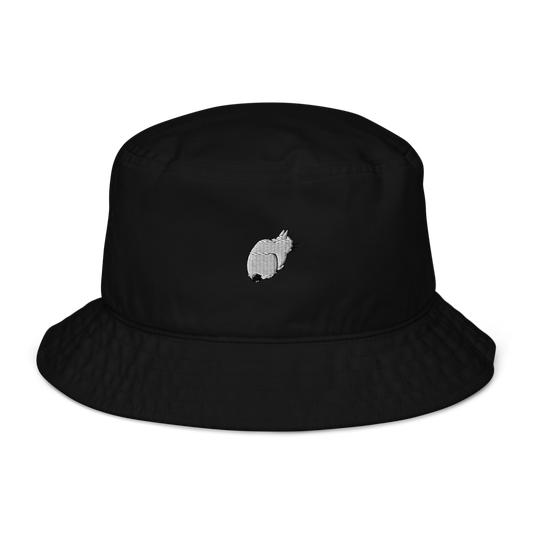 Organic bucket hat with embroidered cat motif inspired by Utagawa Hiroshige’s ukiyo-e art