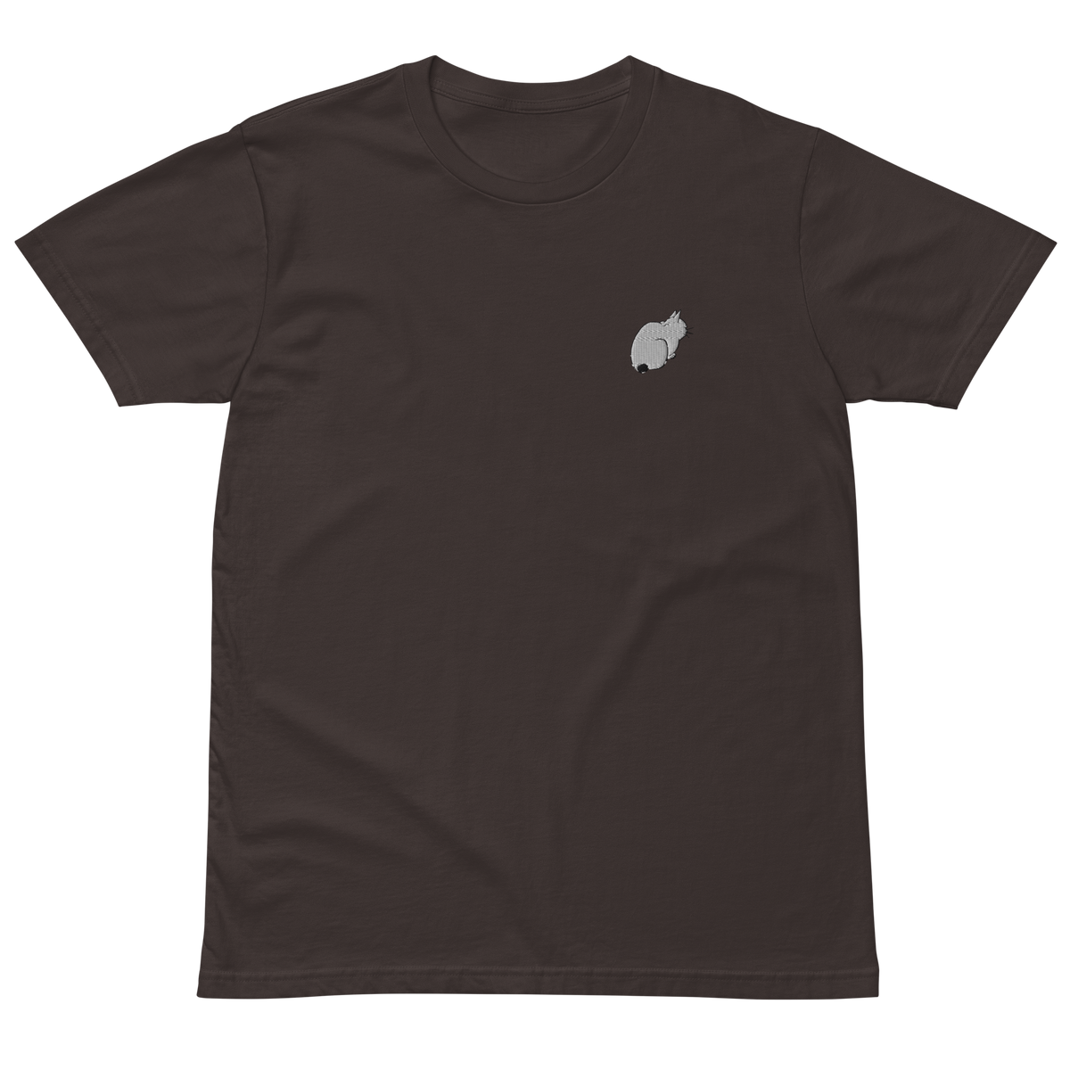 Ivory T-shirt with a small embroidered cat inspired by Utagawa Hiroshige’s ukiyo-e print Asakusa Rice Fields and Torinomachi Festival.