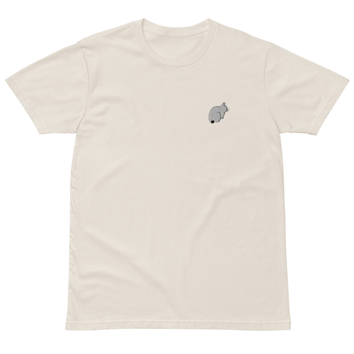 Ivory T-shirt with a small embroidered cat inspired by Utagawa Hiroshige’s ukiyo-e print Asakusa Rice Fields and Torinomachi Festival.