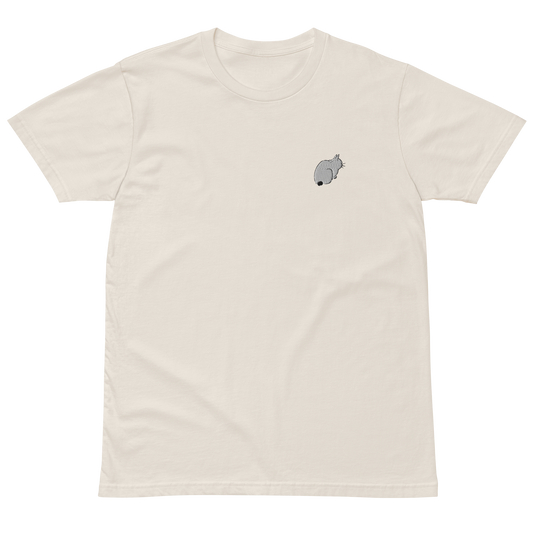 Ivory T-shirt with a small embroidered cat inspired by Utagawa Hiroshige’s ukiyo-e print Asakusa Rice Fields and Torinomachi Festival.