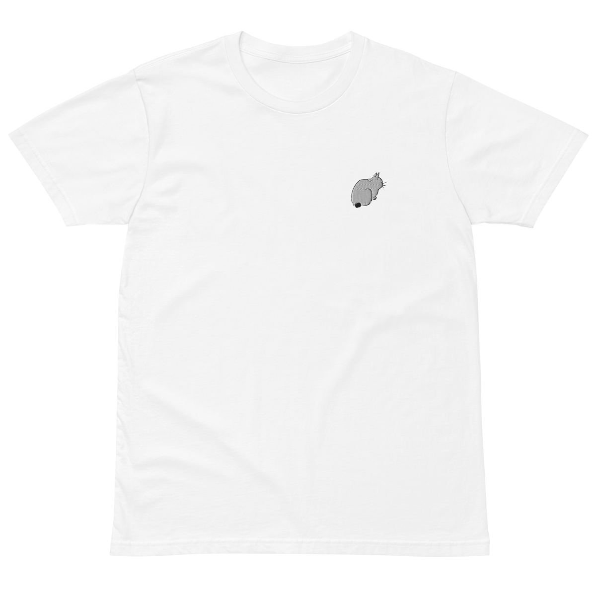 Ivory T-shirt with a small embroidered cat inspired by Utagawa Hiroshige’s ukiyo-e print Asakusa Rice Fields and Torinomachi Festival.