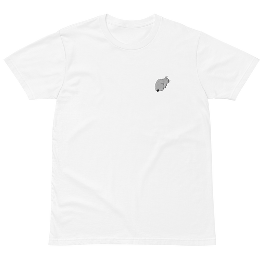 Ivory T-shirt with a small embroidered cat inspired by Utagawa Hiroshige’s ukiyo-e print Asakusa Rice Fields and Torinomachi Festival.