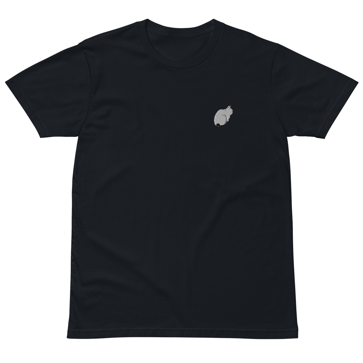 Ivory T-shirt with a small embroidered cat inspired by Utagawa Hiroshige’s ukiyo-e print Asakusa Rice Fields and Torinomachi Festival.