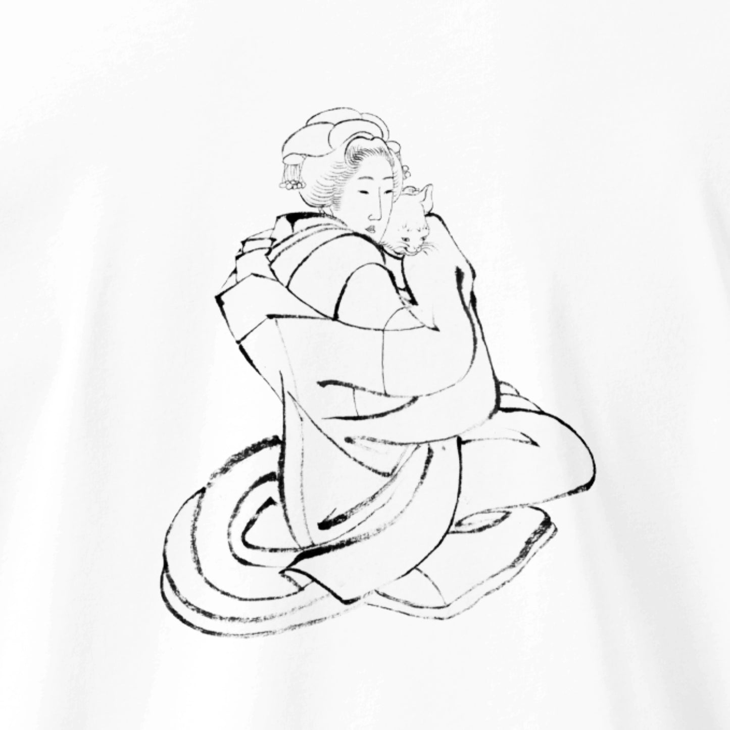 This Hokusai's rough sketch reveals a quieter side of his artistry. Created with only a few swift, confident strokes, it captures a simple moment of affection as a woman gently leans toward a cat.