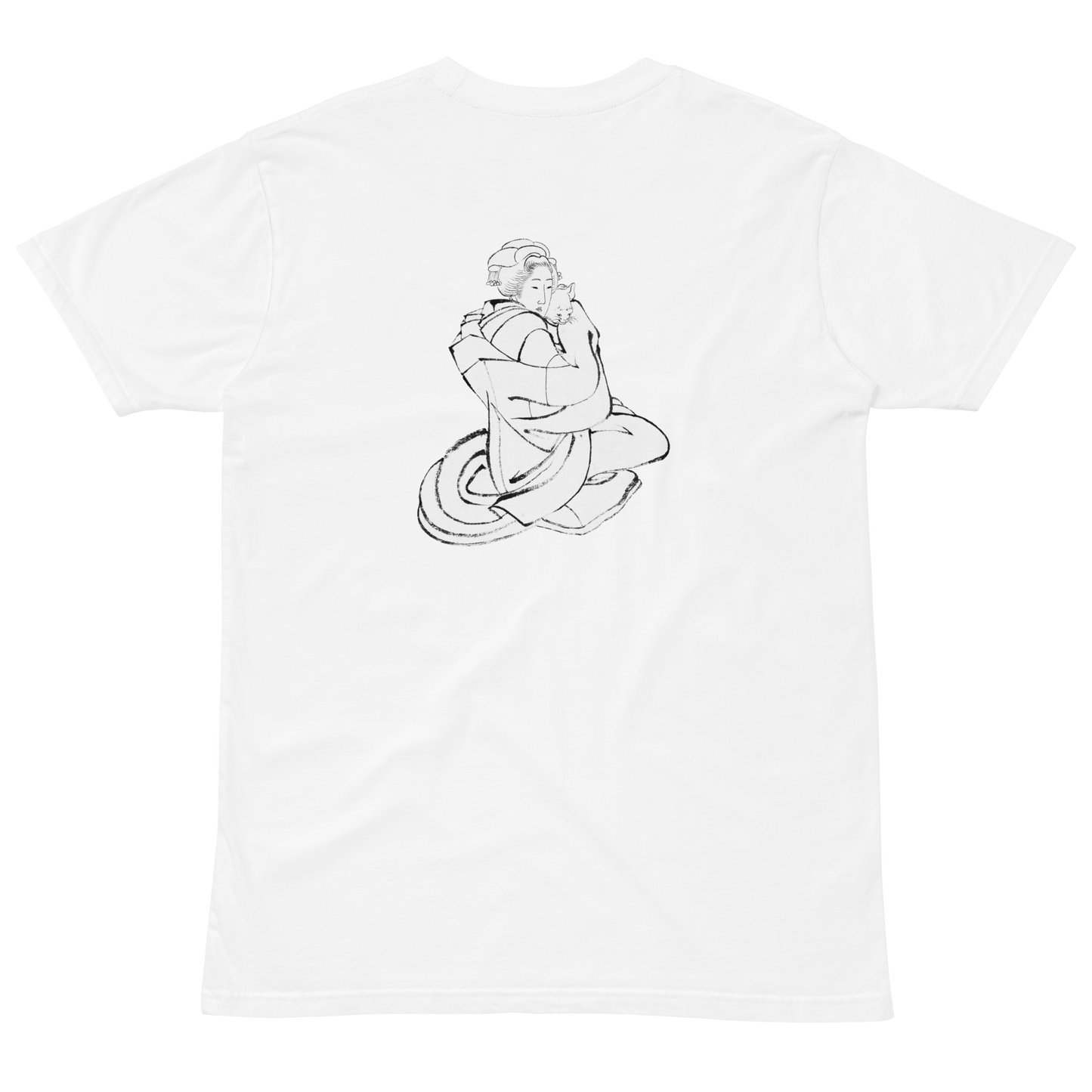 Katsushika Hokusai rough sketch of a woman gently embracing a cat, reproduced on a white graphic T-shirt. The minimalist line drawing captures a quiet everyday moment with expressive brushwork from Edo-period Japan.