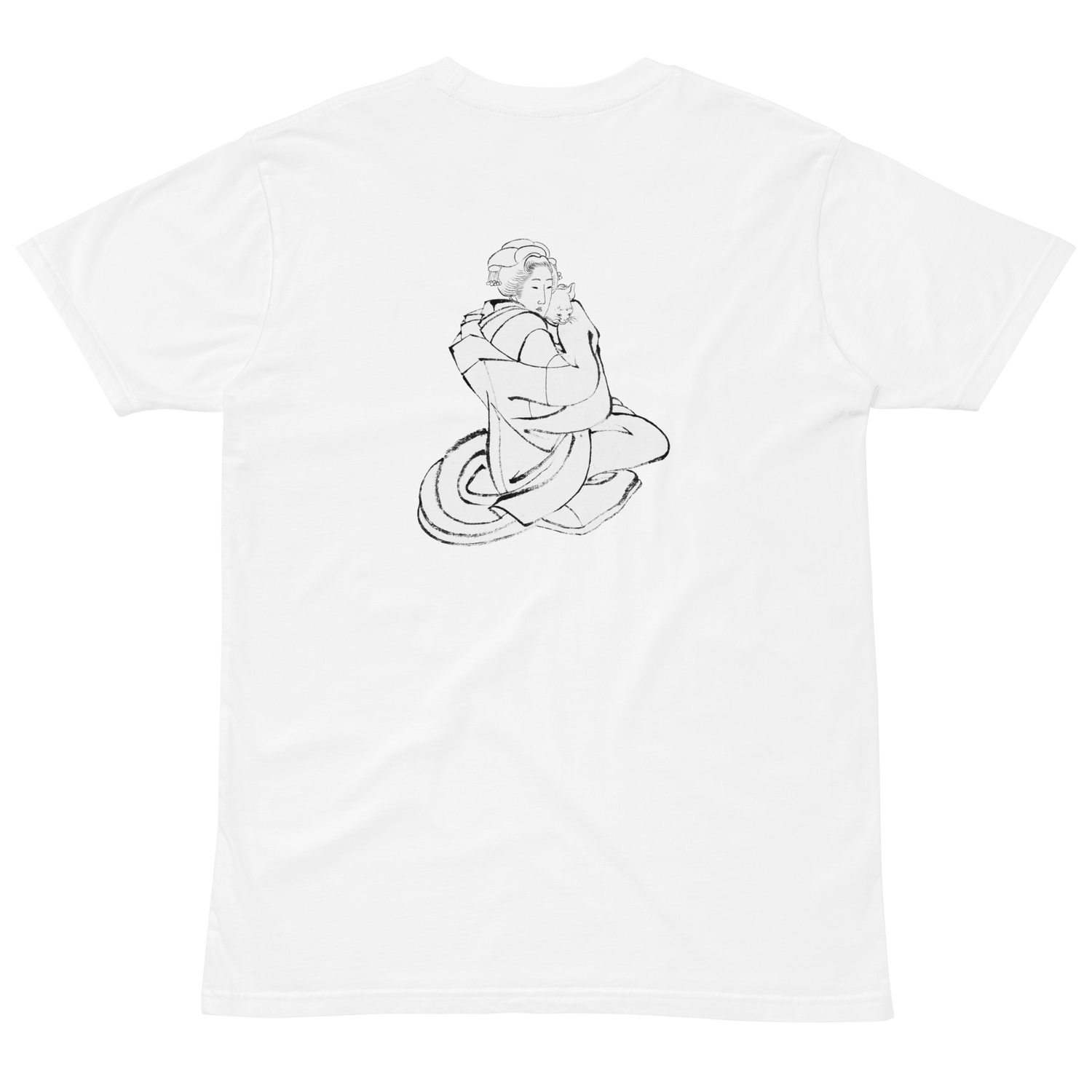 Katsushika Hokusai rough sketch of a woman gently embracing a cat, reproduced on a white graphic T-shirt. The minimalist line drawing captures a quiet everyday moment with expressive brushwork from Edo-period Japan.