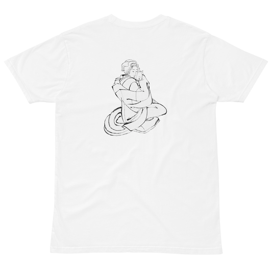 Katsushika Hokusai rough sketch of a woman gently embracing a cat, reproduced on a white graphic T-shirt. The minimalist line drawing captures a quiet everyday moment with expressive brushwork from Edo-period Japan.