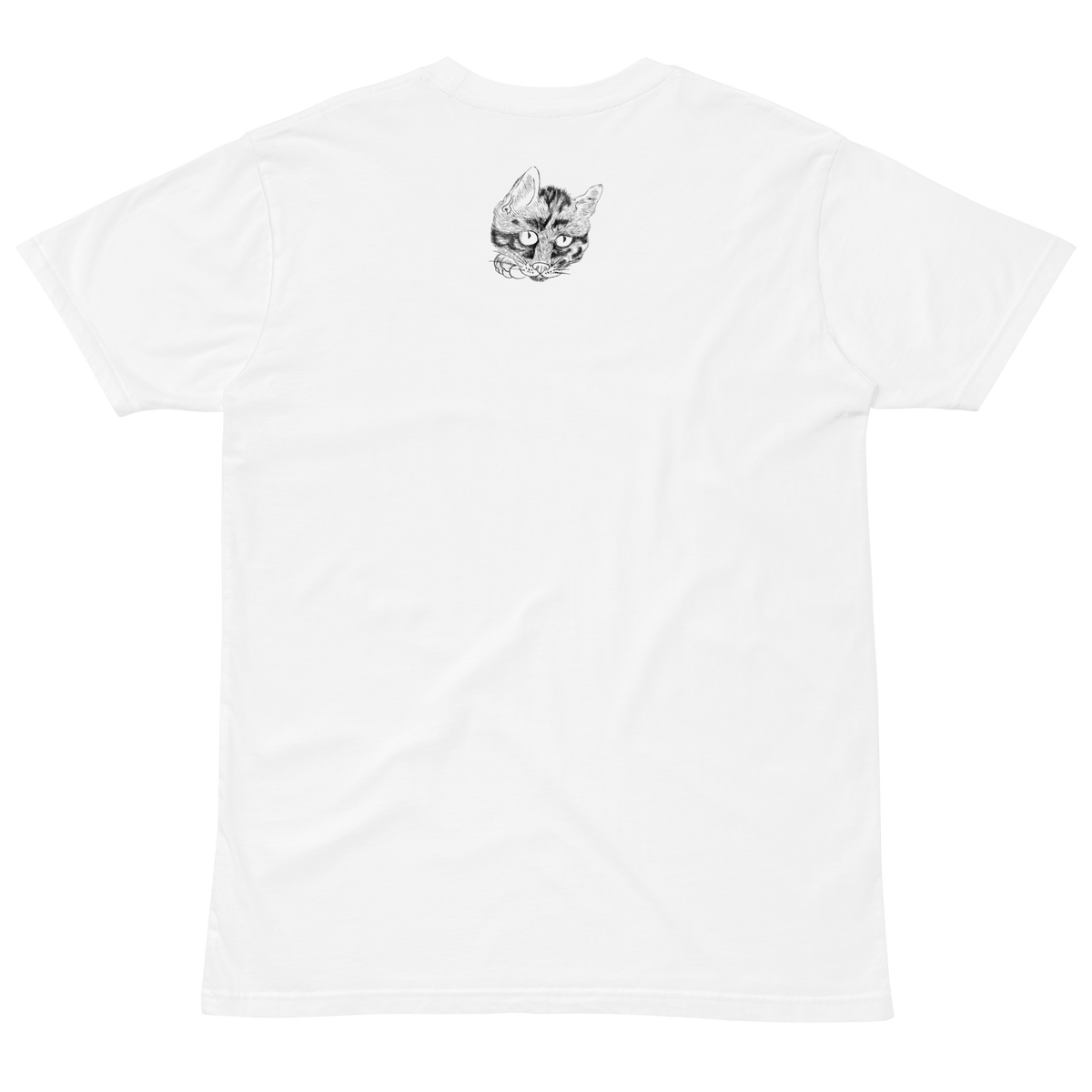 White T-shirt featuring a small black-and-white cat illustration by Kawanabe Kyōsai near the back collar.