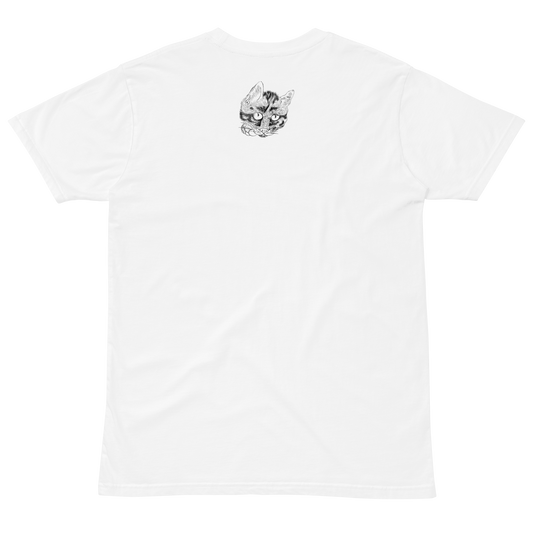 White T-shirt featuring a small black-and-white cat illustration by Kawanabe Kyōsai near the back collar.
