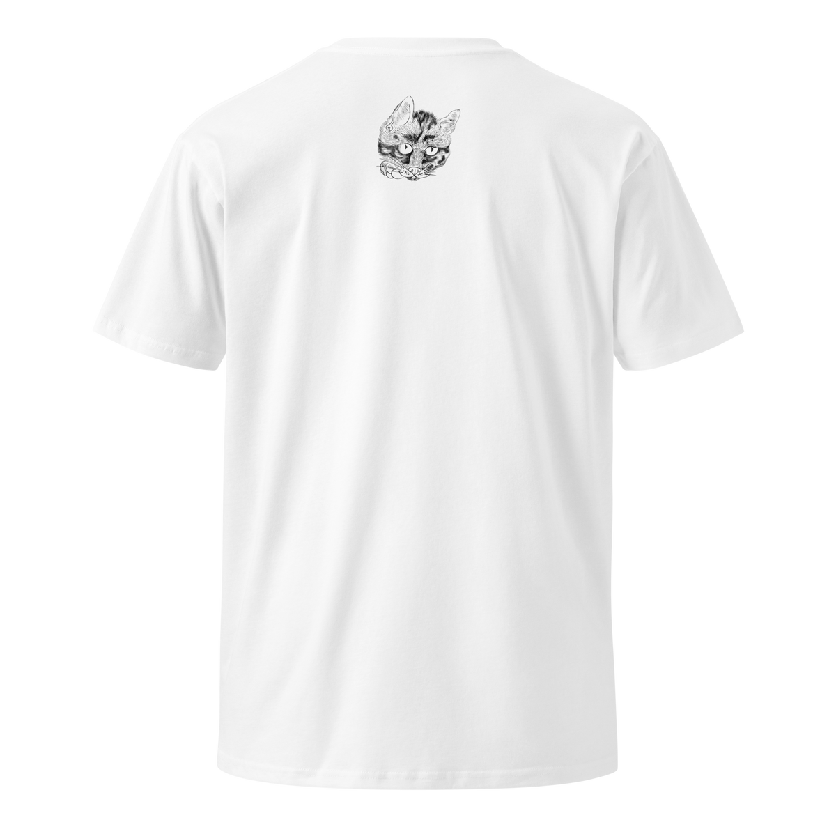 White T-shirt featuring a small black-and-white cat illustration by Kawanabe Kyōsai near the back collar.